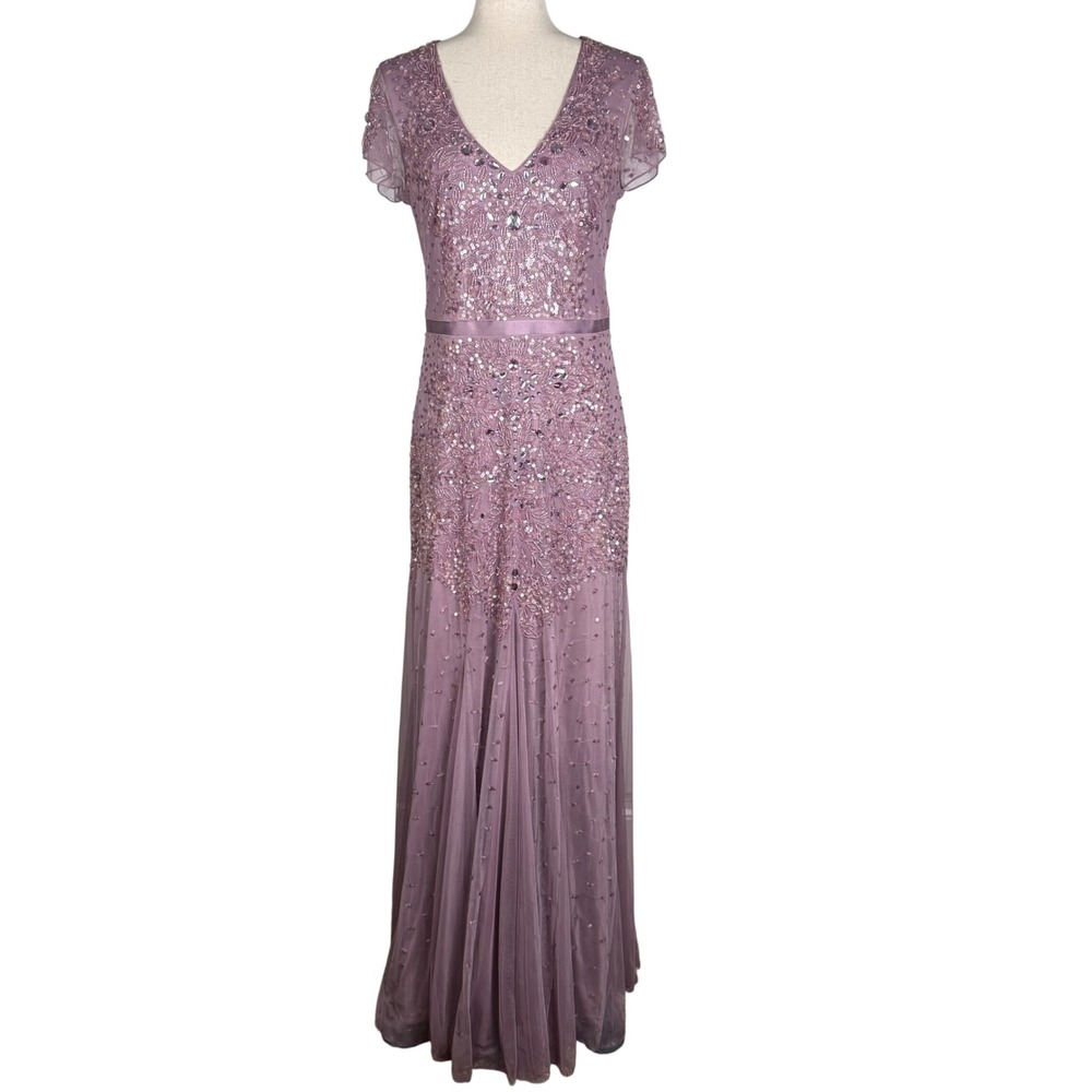 Adrianna Papell Beaded Gown Womens 10 Mauve Purple Mesh Formal Sequin Dress Gown